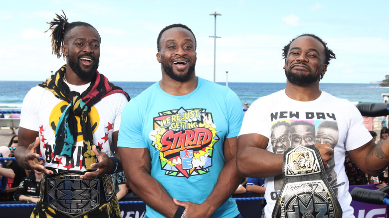 WWE Wrestlers Kofi Kingston, Big E and Xavier Woods pose during a media call at Bondi Beach