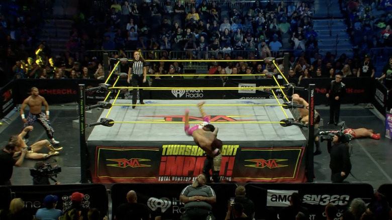 All six men in and around the ring