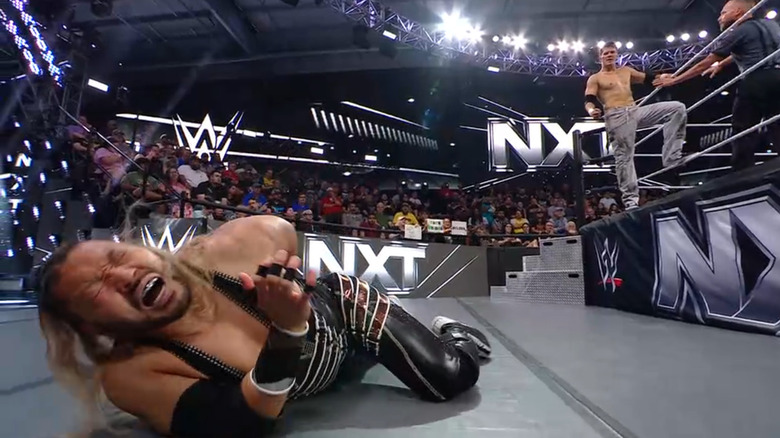 Wilder standing over Naraku on the ring apron