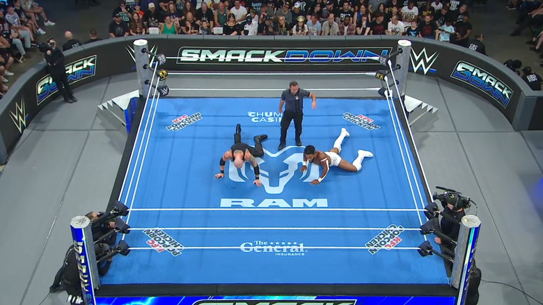 Corbin and Williams both down in a bird's eye view of the ring